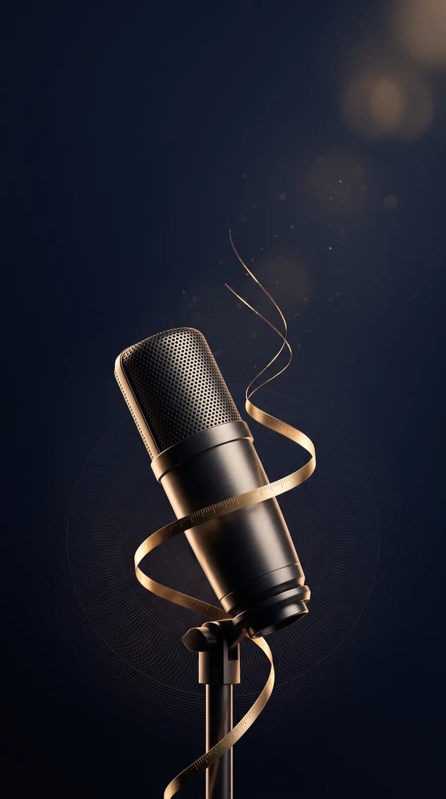 Vorschau zum IHK-Podcast-Teaser: ein goldenes Maßband windet sich um ein Studiomikrofon, im ANRELO-Look in Navy und Gold