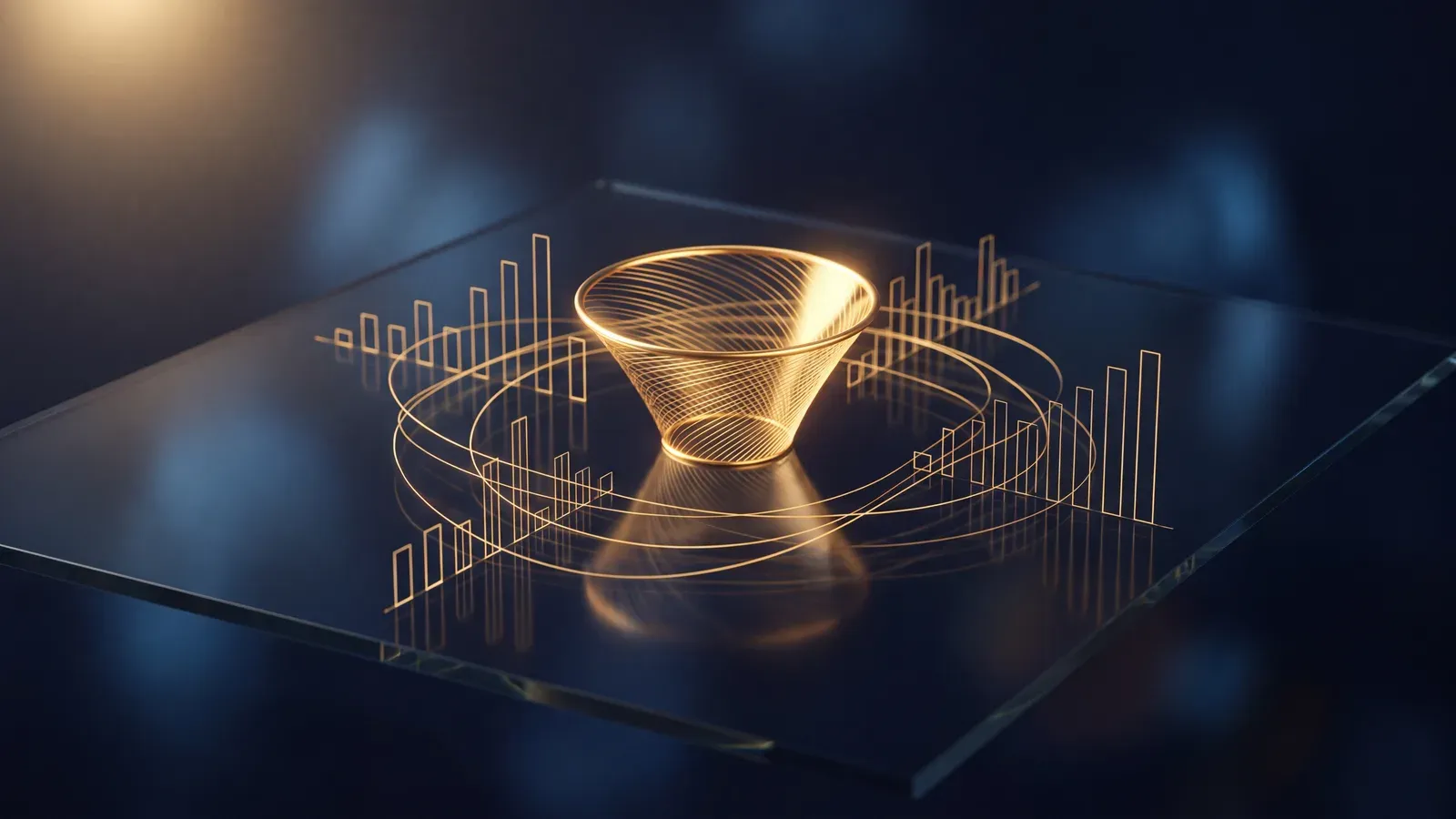 Abstrakte goldene Funnel-Datenvisualisierung auf dunklem Glas