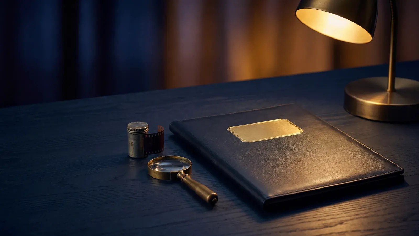 Elegantes Dokument mit Goldprägung, Filmrolle und Lupe
