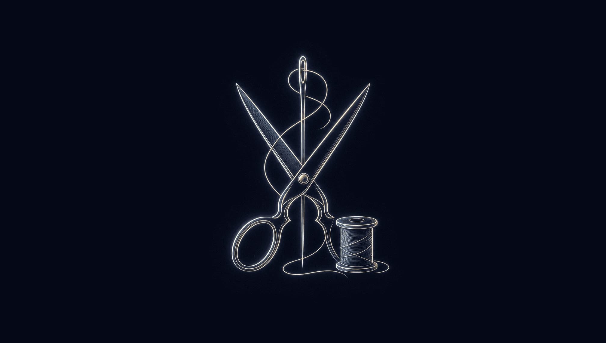 Feines Linien-Emblem aus Schere, eingefädelter Nadel und Garnrolle als Sinnbild für projektbasierte Freelancer