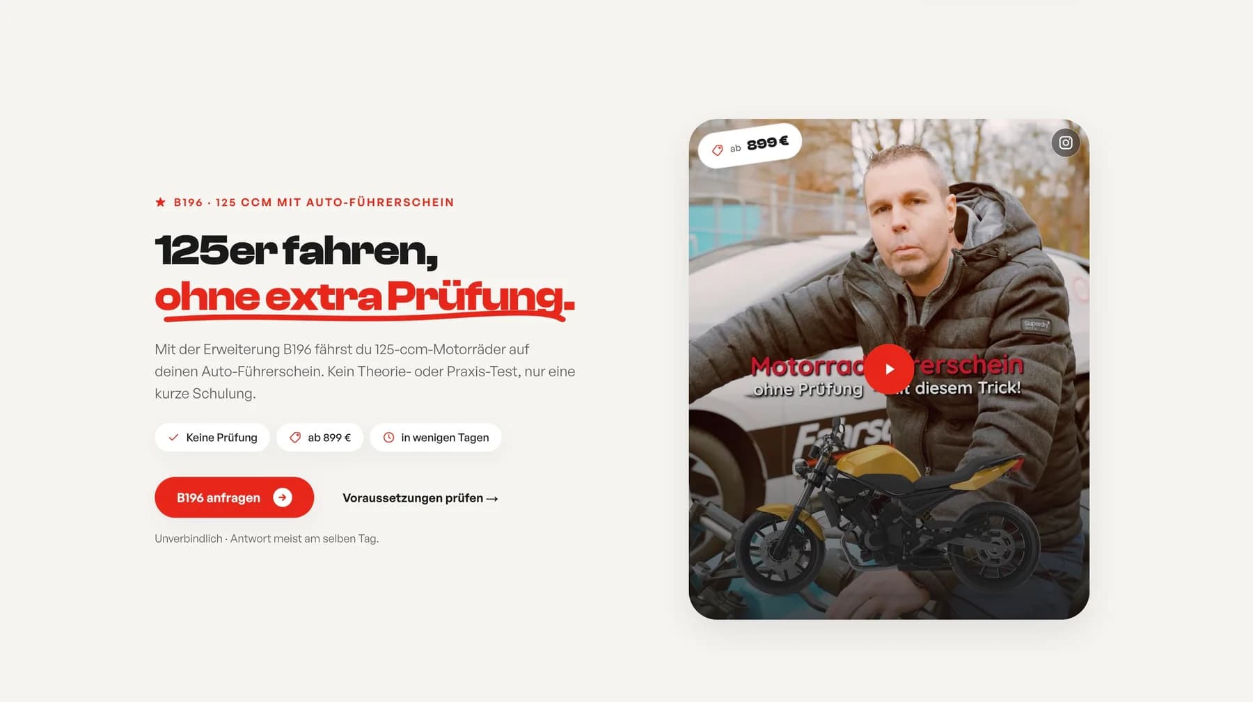 Unterseite zum B196-Führerschein mit eingebettetem viralem Kurzvideo