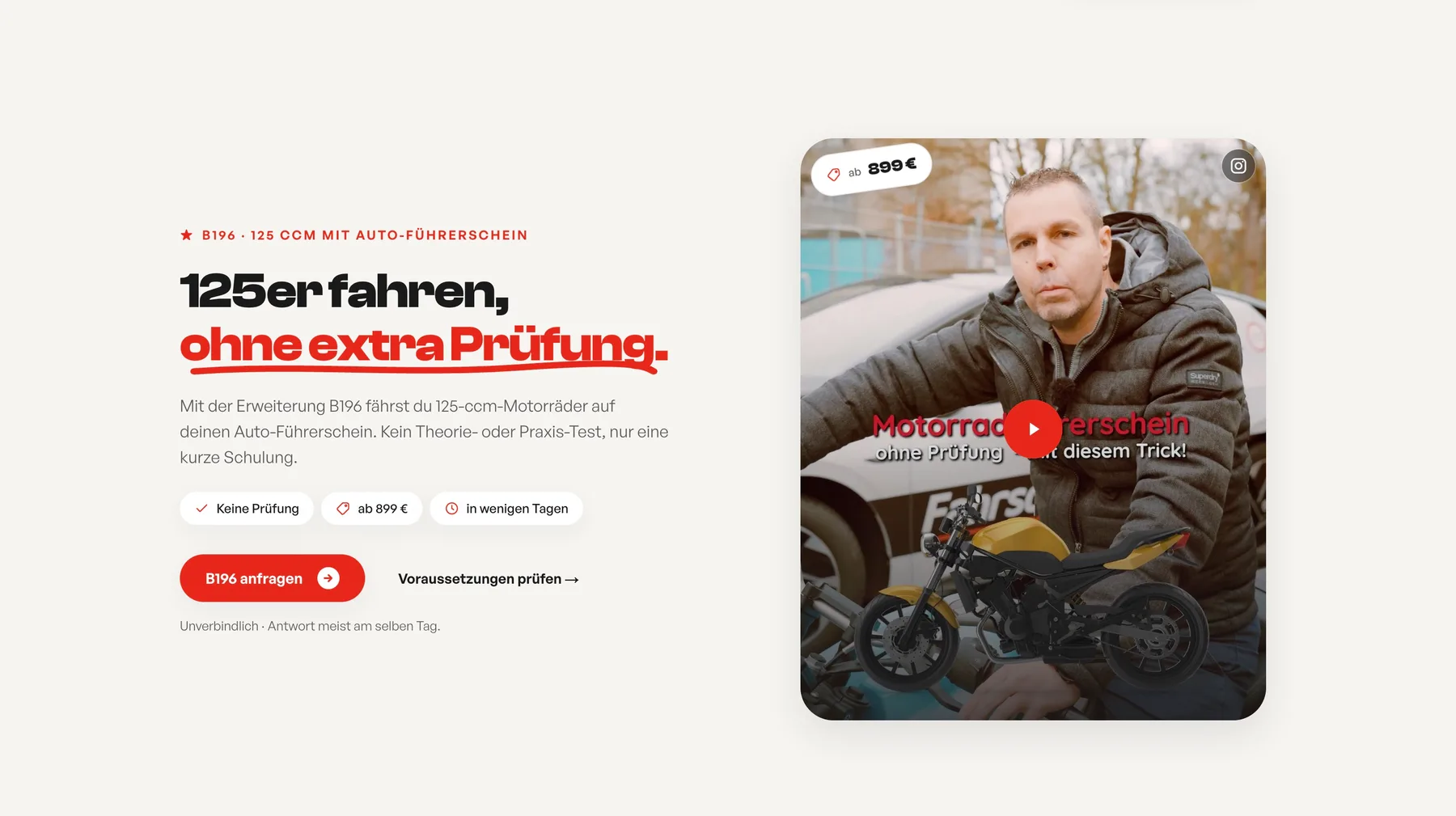 Unterseite zum B196-Führerschein mit eingebettetem viralem Kurzvideo