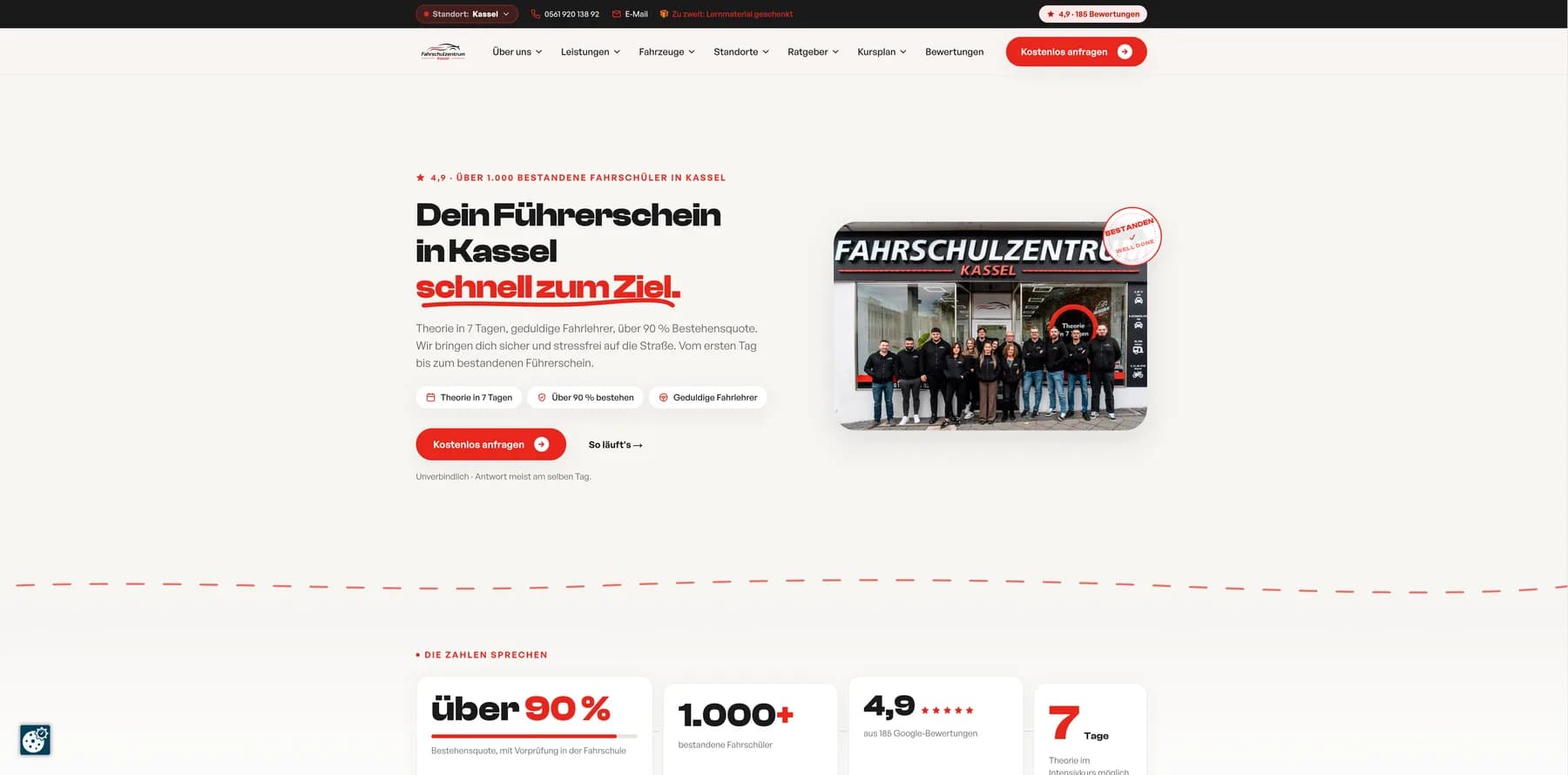 Startseite der neuen Website des Fahrschulzentrums mit Teamfoto und Kennzahlen