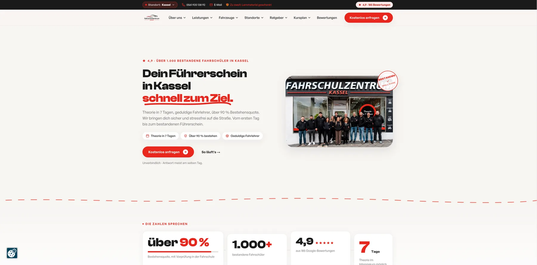 Startseite der neuen Website des Fahrschulzentrums mit Teamfoto und Kennzahlen