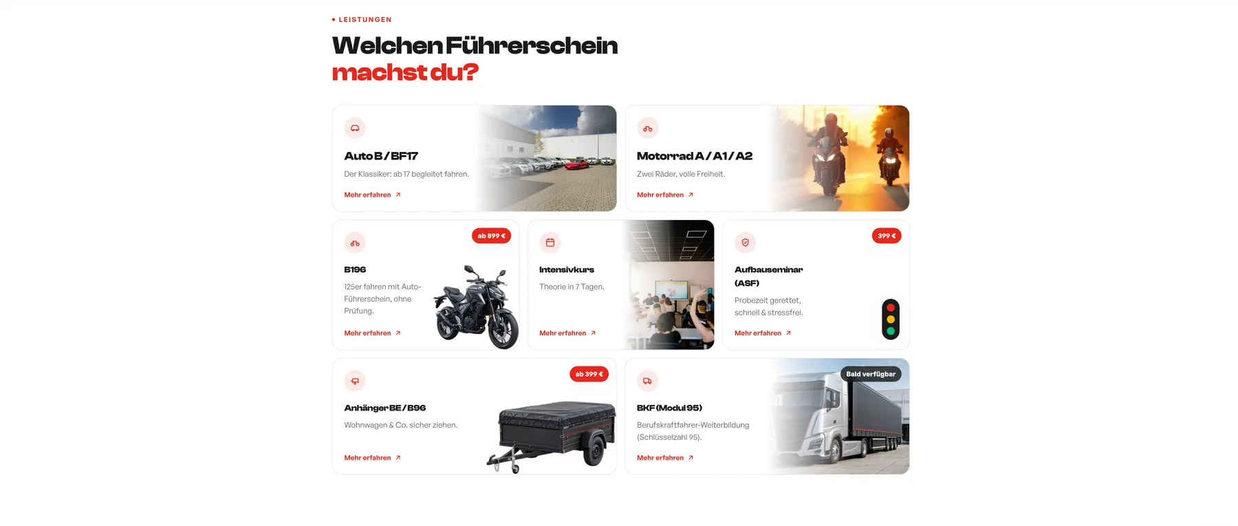 Übersicht der Leistungen auf der Website mit einer Kachel pro Führerschein-Klasse