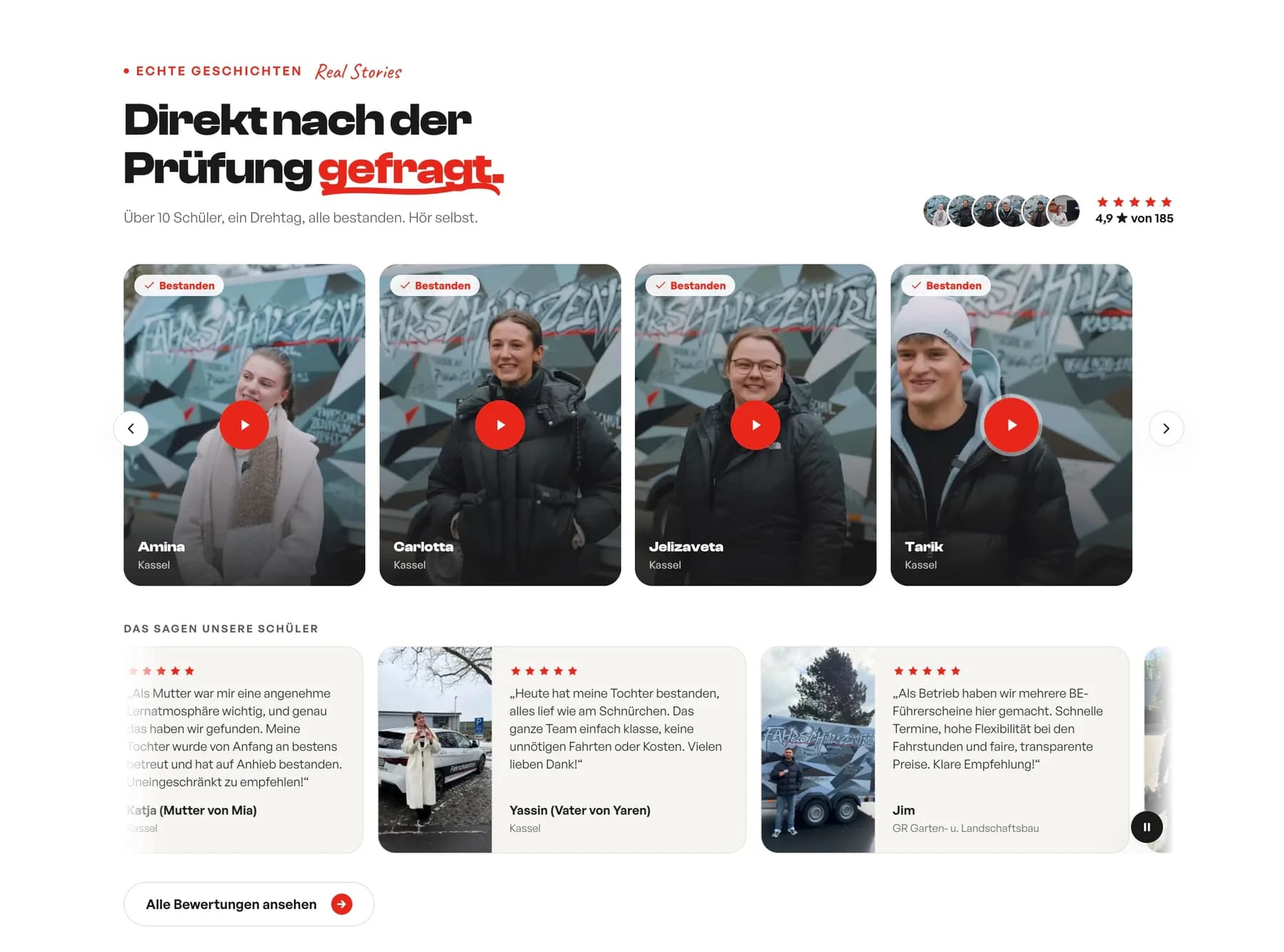 Testimonial-Karten von Fahrschülern direkt nach bestandener Prüfung mit Google-Bewertungen darunter