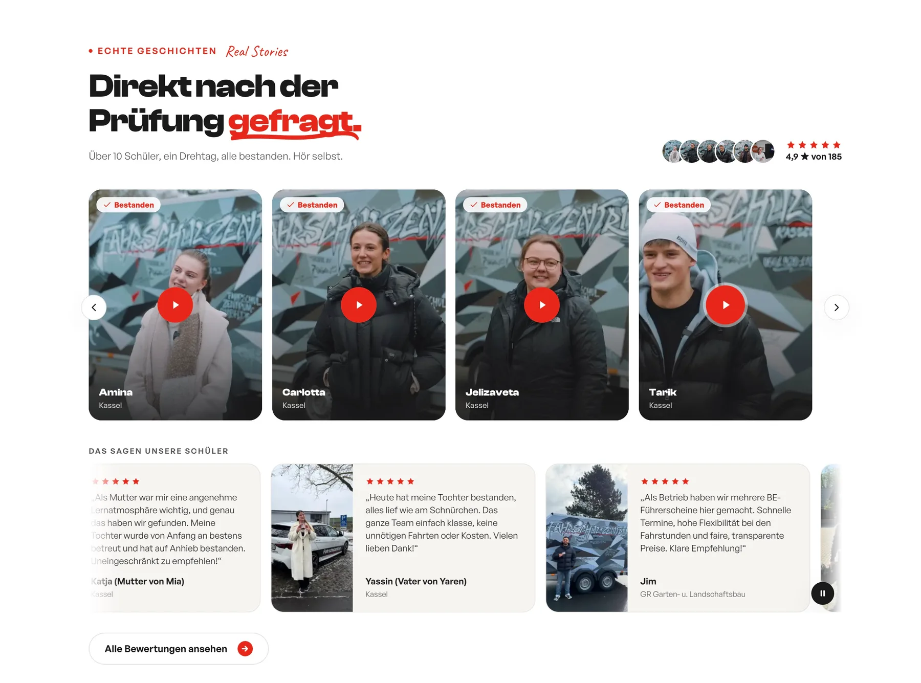 Testimonial-Karten von Fahrschülern direkt nach bestandener Prüfung mit Google-Bewertungen darunter