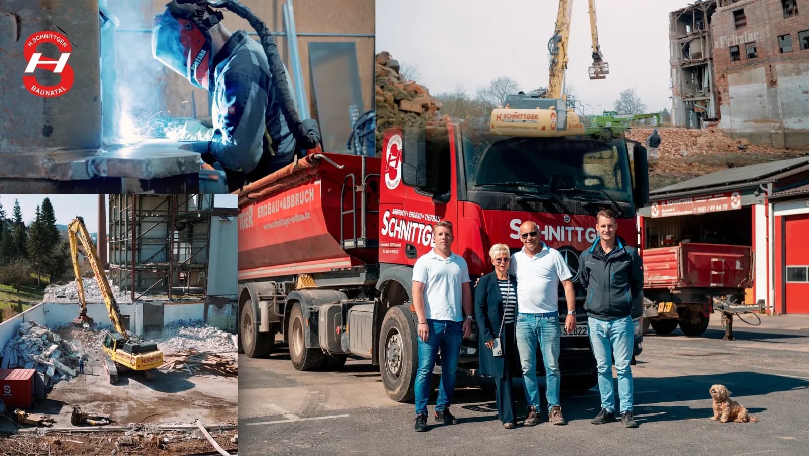 Collage aus dem Schnittger Imagefilm: Schweißarbeiten, ein Longfront-Bagger beim Abriss und die Familie vor einem Schnittger-Lkw auf dem Betriebshof