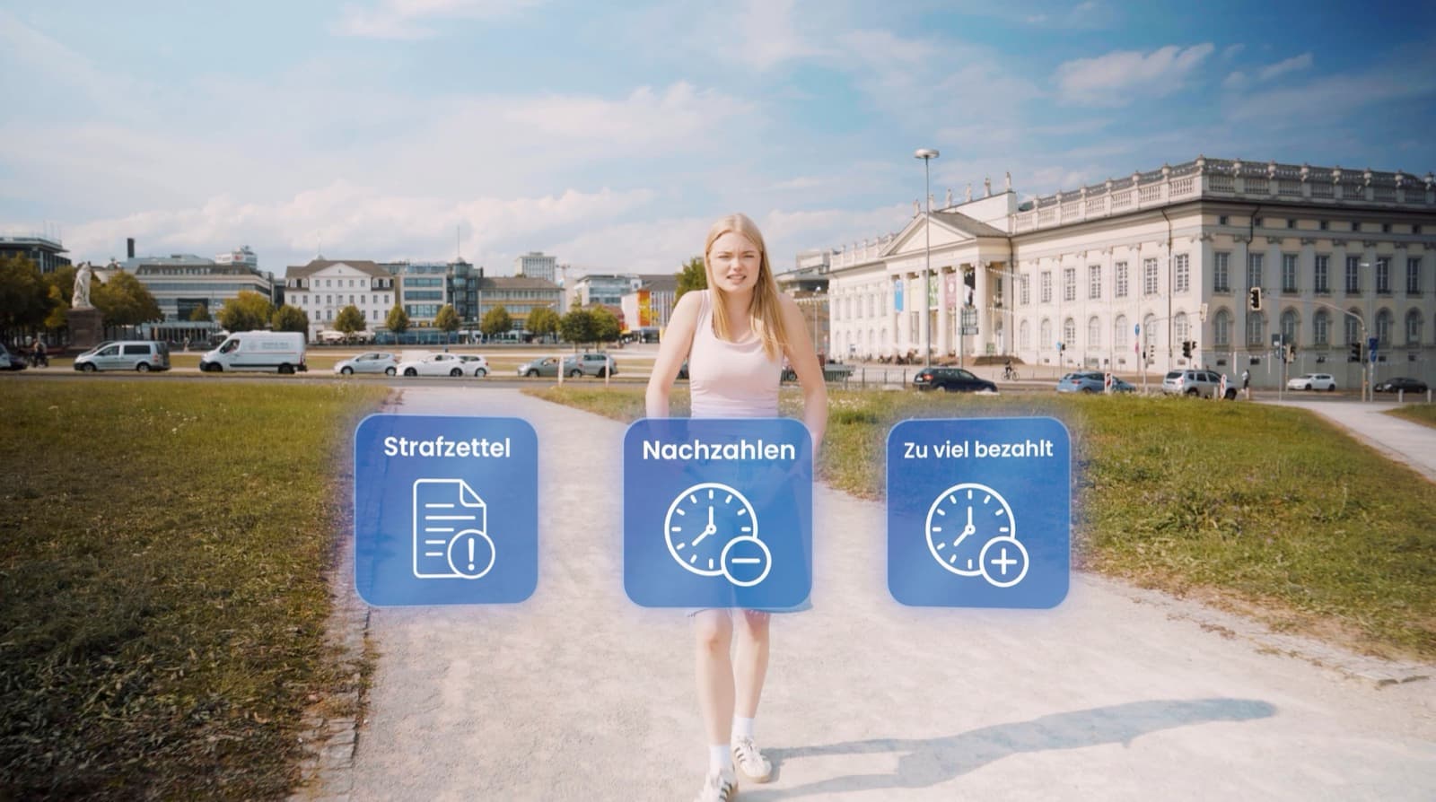 Sprecherin auf dem Friedrichsplatz in Kassel, dazu Motion-Graphics zu Parksituationen wie Strafzettel und Nachzahlen