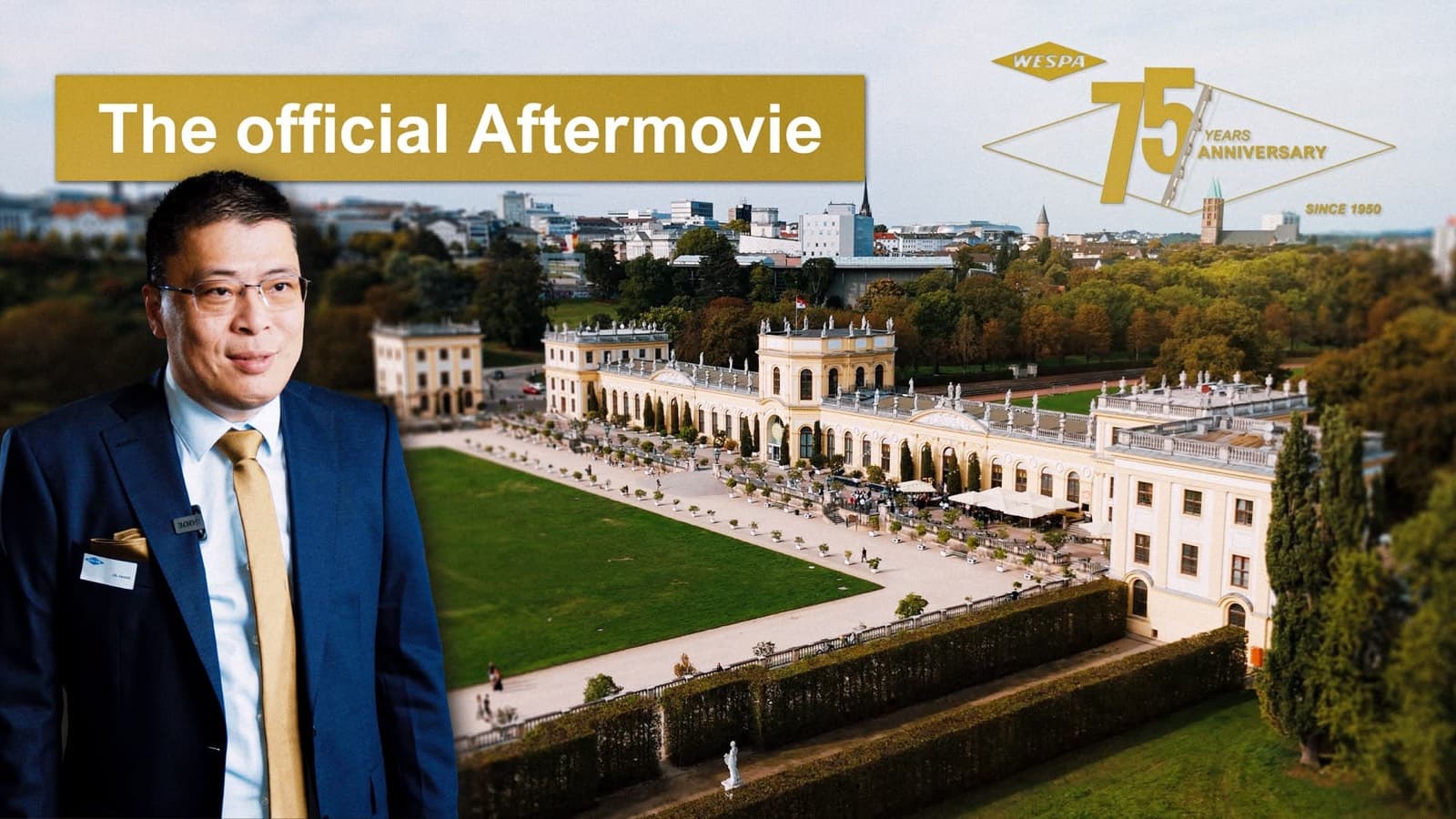 Thumbnail des WESPA 75-Jahre-Aftermovies: die Orangerie Kassel aus der Luft mit dem 75-Years-Anniversary-Logo